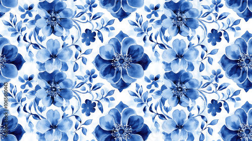 Seamless watercolor pattern of blue tiles featuring geometric and floral designs perfect for textile and wallpaper applications