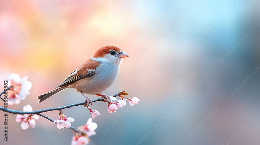 Close-up cute sparrow bird in warm spring time on cherry blossom tree branch Close-up cute sparrow bird in warm spring time on cherry blossom tree branch