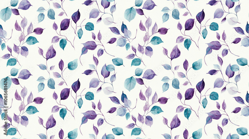 Seamless watercolor pattern featuring vibrant turquoise and purple leaves delicate twigs and blooming petals perfect for fabric design or home decor Seamless watercolor pattern featuring vibrant turquoise and purple leaves delicate twigs and blooming petals perfect for fabric design or home decor