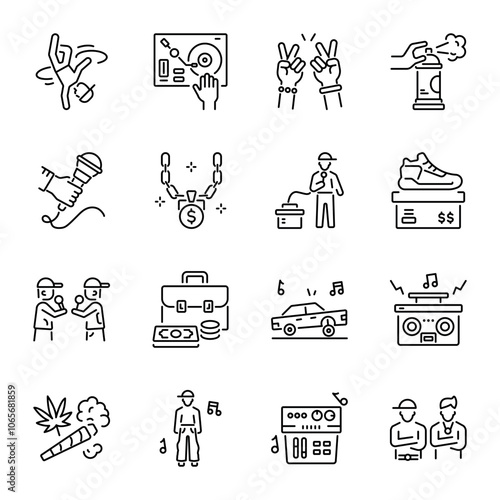 Set of 16 Hip Hop Linear Icons 

