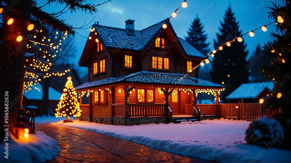 Fototapeta premium Cozy winter cabin with festive lights and snowy landscape