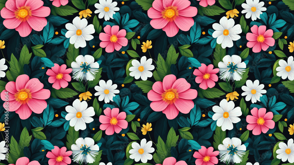 Seamless floral pattern featuring whimsical pink and white hand drawn flowers alongside vibrant green blue and yellow leaves on a striking black background perfect for fabric design digital art Seamless floral pattern featuring whimsical pink and white hand drawn flowers alongside vibrant green blue and yellow leaves on a striking black background perfect for fabric design digital art