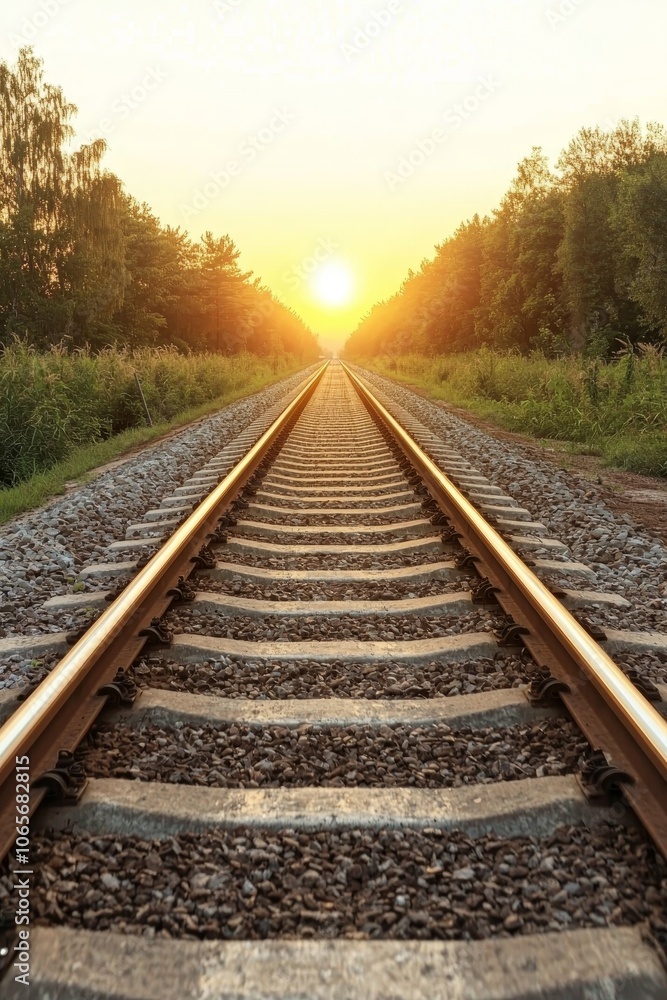 Fototapeta premium Golden Sunset Railroad Track Perspective with Converging Rails and Greenery - Tranquil Travel Concept