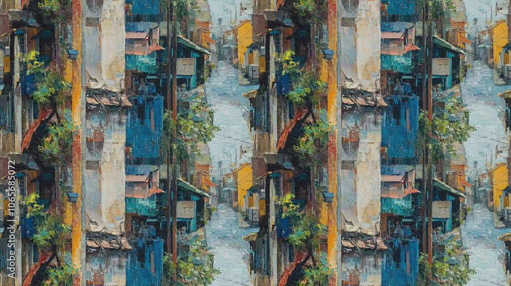 Fototapeta premium Seamless oil painting pattern depicting a quaint alleyway in a residential area showcasing the vibrant charm of Yaowarat district in Bangkok