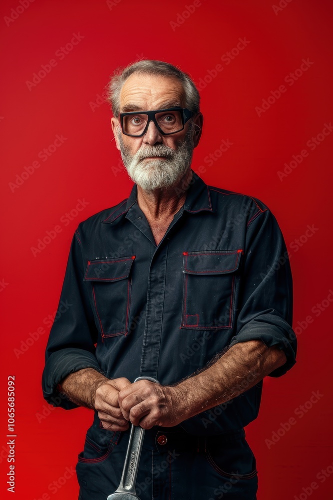 Fototapeta premium Experienced Senior Mechanic Holding Wrench Against Red Background for Industrial Themes