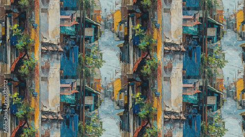 Wallpaper Mural Seamless oil painting pattern depicting a quaint alleyway in a residential area showcasing the vibrant charm of Yaowarat district in Bangkok Torontodigital.ca