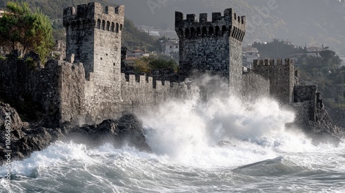Castle with high walls and pointed towers on a rocky coast, waves crashing below, symbolizing resilience against the elements.