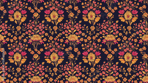 Intricate seamless pattern featuring Mughal flower motifs arranged in a vibrant bunch ideal for textile design or wallpaper creation