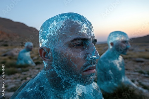 A man with cracked, ice-like skin gazes ahead, seated in a barren landscape, symbolizing isolation, vulnerability, and the interplay of human strength and fragility. photo