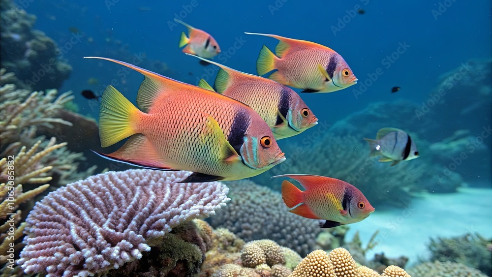 Vibrant Angelfish in Pastel Pink Coral Reef Scene Vibrant Angelfish in Pastel Pink Coral Reef Scene