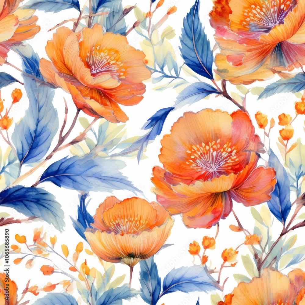 Seamless Floral Pattern of blue and orange Flowers and Leaves Seamless Floral Pattern of blue and orange Flowers and Leaves