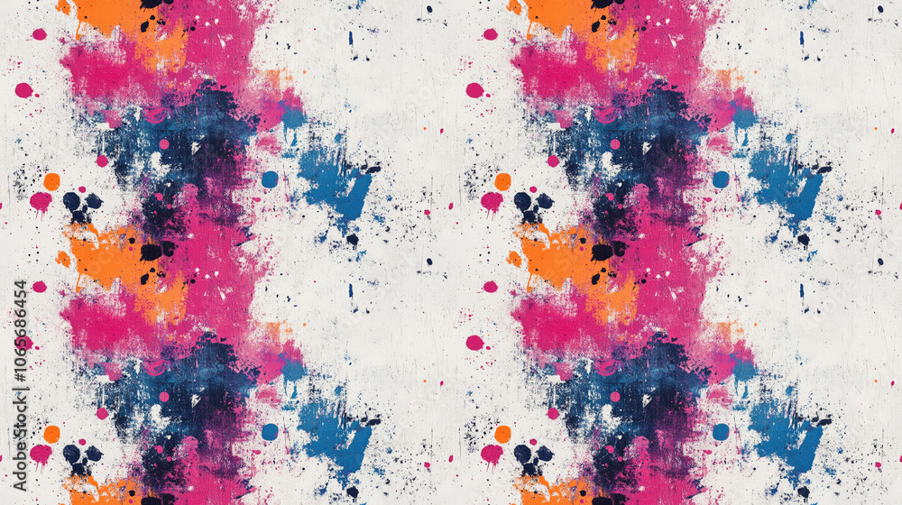 Fototapeta premium Seamless pattern of vibrant grunge acrylic artwork featuring a white dirty texture and vivid paint splashes ideal for textile design and wallpaper backgrounds