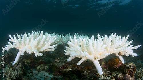 Dying Coral Reef :water pollution. An underwater shot of bleached and lifeless coral formations. The once-vibrant colors have faded due to pollution and rising sea temperatures.  photo