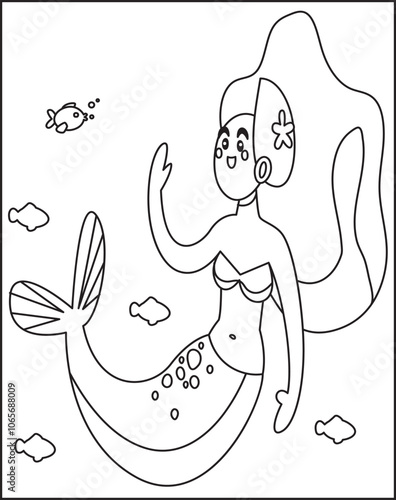 Young beautiful little mermaid. Coloring book page for kids. Cartoon-style character. Vector illustration isolated on a white background. 