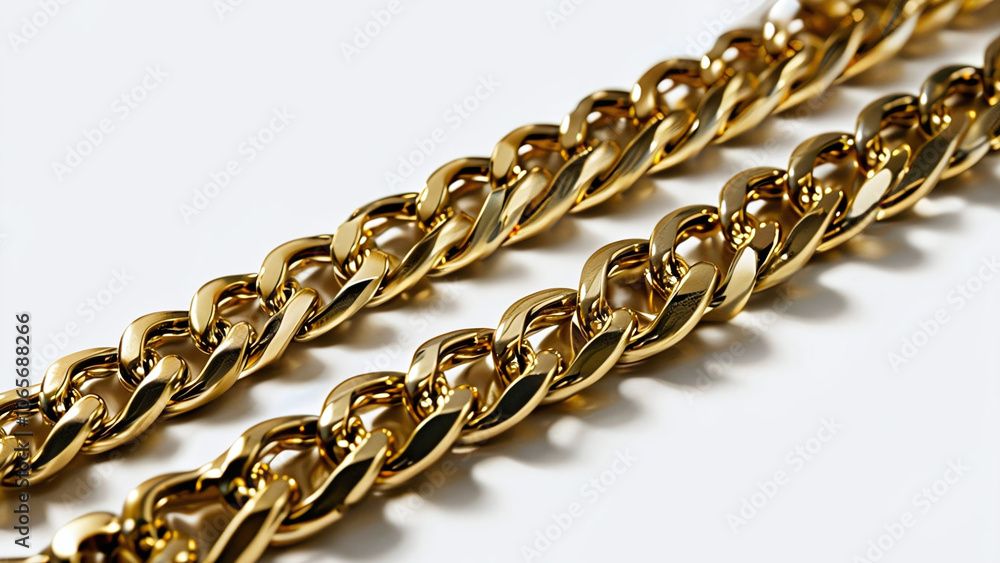 Obraz premium a gold chain with large links. The links are oval in shape and tightly connected to each other. The chain lies on a light background