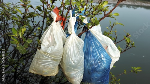 Plastic Bag Drift : plastic pollution. A group of plastic bags caught in tree branches near a river. The bags flutter like ghostly flags.  photo