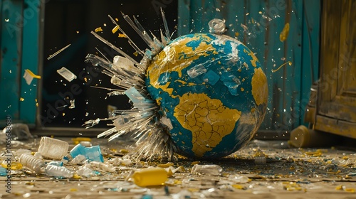 Plastic Pollution Impact : plastic pollution. A cracked Earth globe with plastic shards protruding from its surface. The symbolism is clear : plastic pollution. plastic affects the entire planet. 