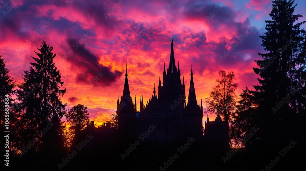 Fototapeta premium Gothic-style castle silhouetted against a vibrant sunset, with dramatic architecture and tall spires, ideal for fantasy settings.