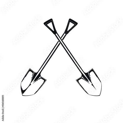 a black illustration of two crossed shovels. The shovels are crossed at the top and bottom,