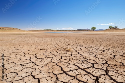 Cracked earth where water once flowed, with a distant remnant of a lake under a clear sky. Parched Lakebed Awaiting Rain photo