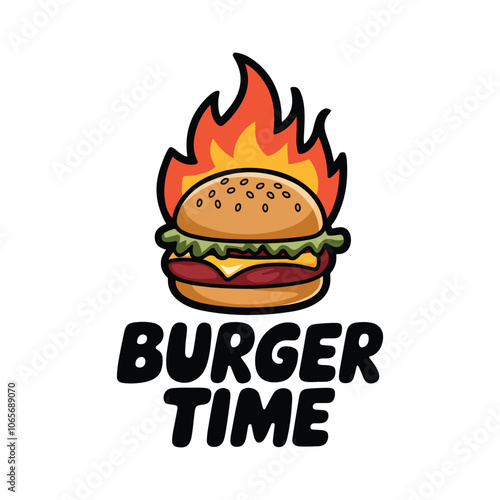 Burger time vector logo design, hot Burger with fire vector logo, restaurant food logo photo