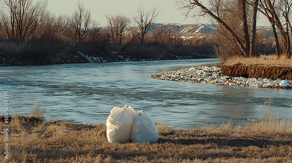 Polluted River Flow : plastic pollution. A river carrying plastic bags ...