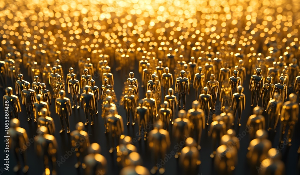 Obraz premium 3D rendering of gold human-shaped icons arranged in rows on a dark background. Conceptual illustration representing technology, 