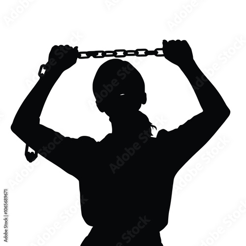 a silhouette of a woman with her arms raised above her head, holding a chain.