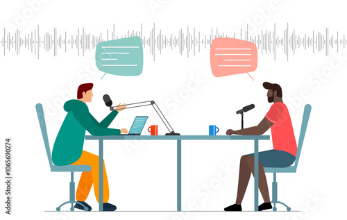 Black person and white man recording audio discussion in online radio broadcast studio. Guest interview with microphones on podcast show. Live streaming channel podcasting and broadcasting media