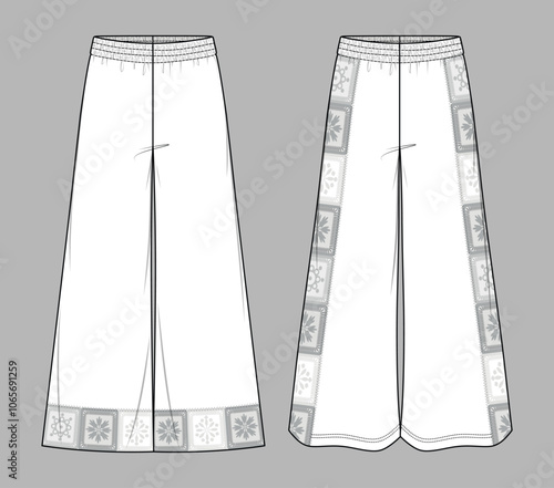 Vector yoga pants technical drawing, woman wide-leg sweatpants fashion CAD, template, sketch, flat. Jersey or woven fabric trousers with front, back view, white color. Palazzo trousers drawing