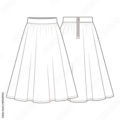 Circle Skirt Front and Back Line Art Technical Drawing Template


