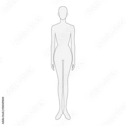 Female mannequin outline, full-body front view, isolated on white background, ideal for fashion design templates and apparel mockups.

