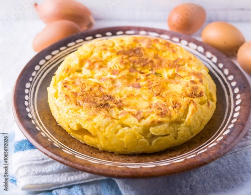 Traditional Spanish food, potato omelet, closeup view photo