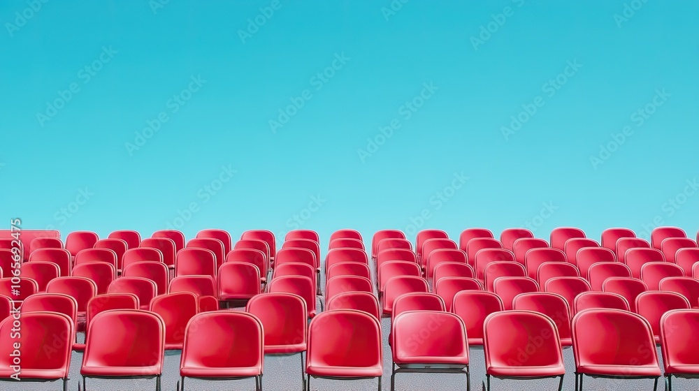 Naklejka premium Stadium seating section with clean, empty seats under a clear sky, highlighting the calm before the crowd arrives.