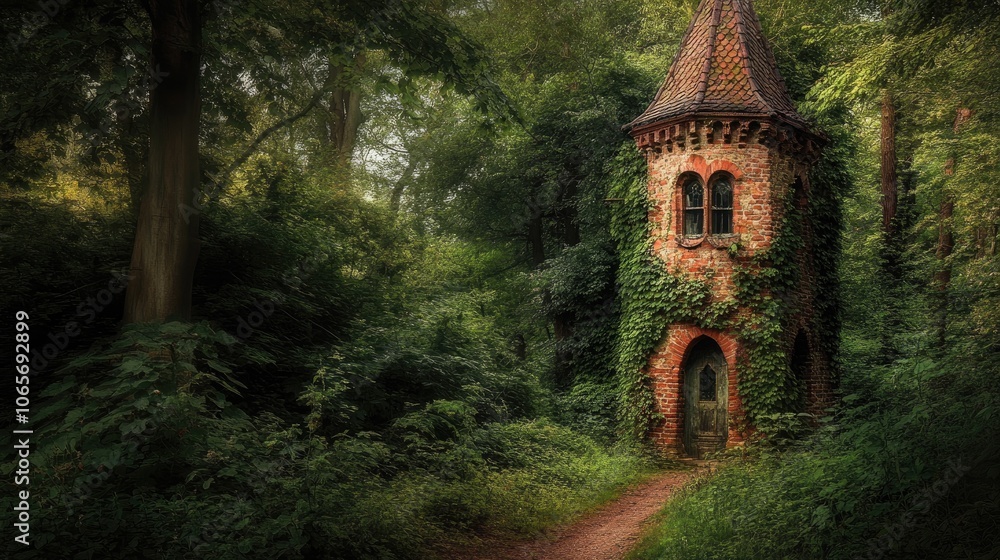 Obraz premium Tower hidden in a dense forest with ivy-covered walls and a single window high up, evoking classic fairytale mystery.