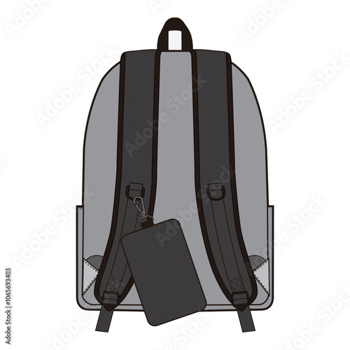 Gray backpack rear view showing adjustable black straps and a black hanging tag, suitable for product templates and outdoor designs.

