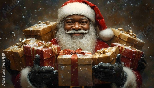 american black santa claus holding a bunch of presents for the kids, Black Santa Claus, African American Santa, 
