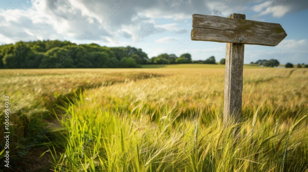 A peaceful barley field with a wooden signpost marking different varieties of barley grown A peaceful barley field with a wooden signpost marking different varieties of barley grown