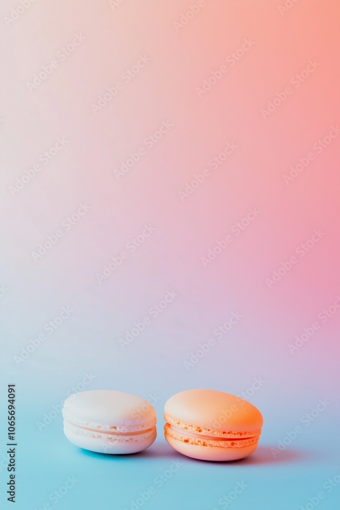 White and orange macarons next to each other on a pastel background