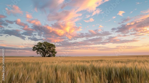 A peaceful evening on a barley farm with the sky painted in soft pastel colors as the sun sets