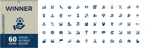 Success solid icons set. Contains related to win, lead, competition, achieve, achievement and more. Filled icon collections.