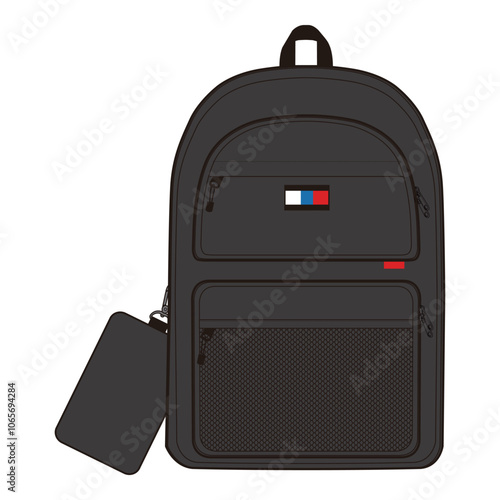 Black backpack with front logo patch and attached tag, featuring multiple compartments and a sporty, functional design.

