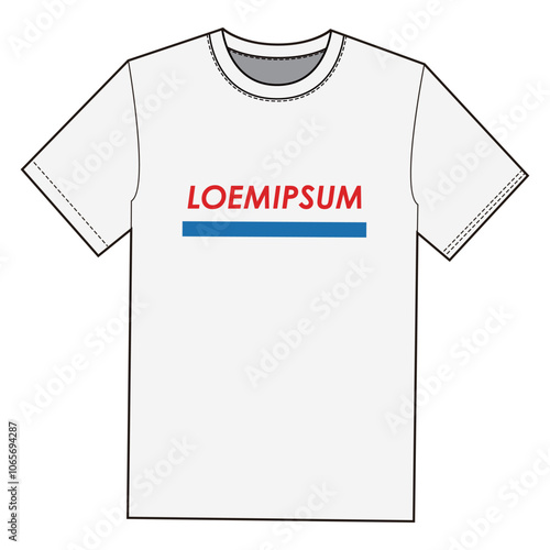 White T-shirt with bold “LOEMIPSUM” text and blue underline, classic crew neck design. photo