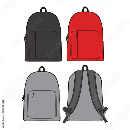 Set of minimalist backpacks in black, red, and gray, shown from front and back views for various color options and design simplicity.

