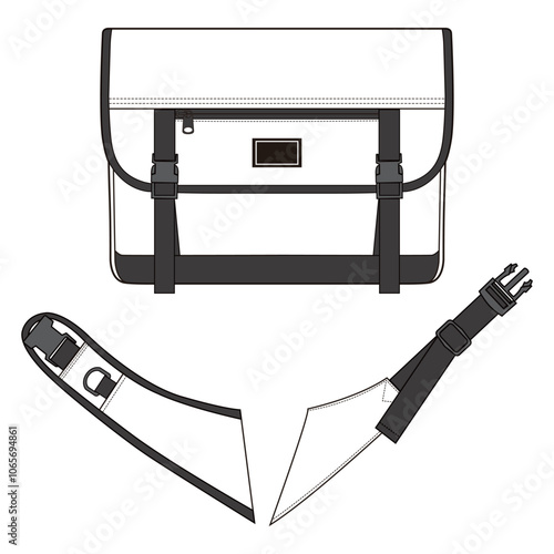 White messenger bag with black strap and buckle details, including strap design elements, perfect for casual or urban style.

