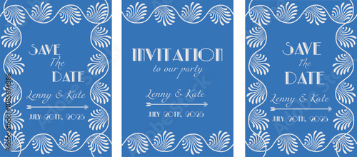 Vintage luxury invitation card with white Art Deco frame vector design. Gatsby Style design