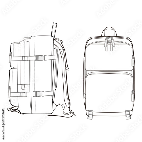 Technical illustration of a backpack, showing side and front views with multiple compartments and straps.
