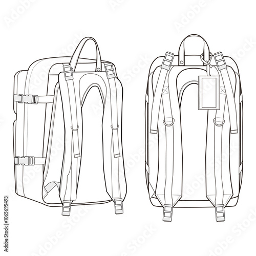 Rear and side view technical sketches of a backpack, featuring shoulder straps and handle details on a white background.