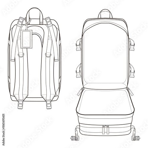 Rear and open view of a backpack in line drawing, with visible interior storage space and shoulder strap details.