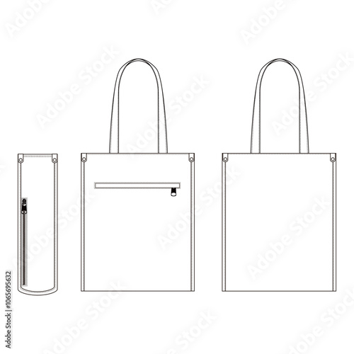 Three-view technical line drawing of a tote bag with handles and zippered pocket, showing front, back, and side views.